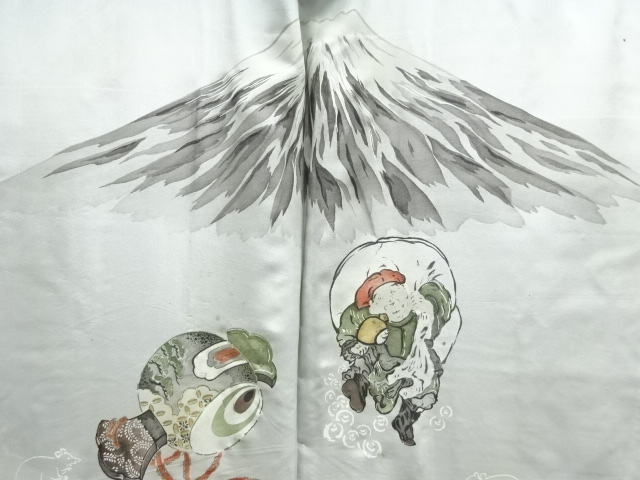 JAPANESE KIMONO / ANTIQUE MENS HAORI / SILK / DORO OSHIMA TSUMUGI / MT FUJI & DAIKOKUTEN (lining)